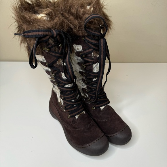 MUKLUKS BROWN FAUX SUEDE & FUR KNITTED SIDES LACE UP KNEE HIGH BOOTS SZ 7 - Picture 1 of 10
